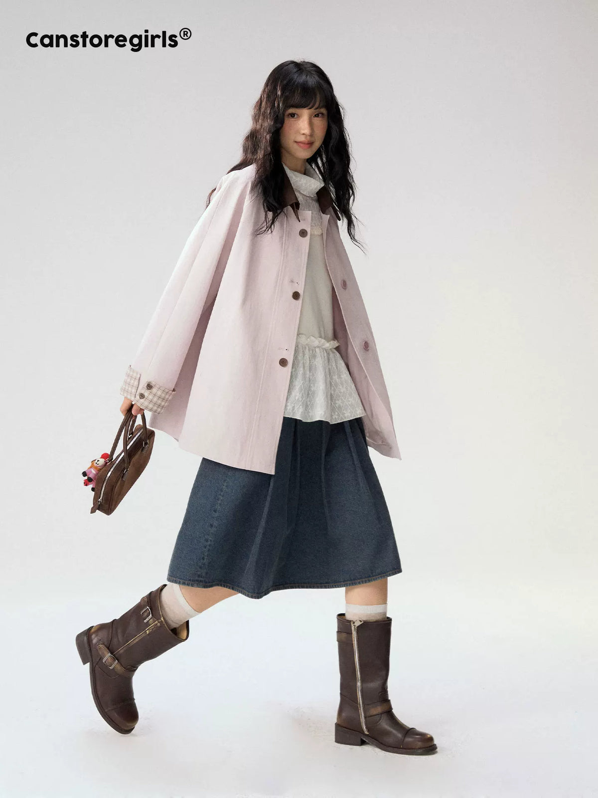 [CAN] Marshmallow & Cookie" Dusty Pink & Brown Plaid Bow Embroidered Trench Coat