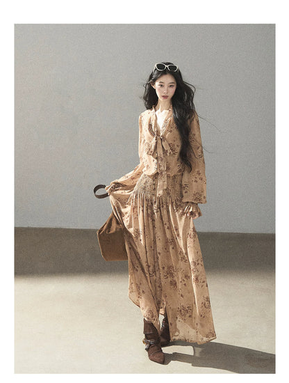 AOMALM - Oatmeal Rose-Print Chiffon Layered Maxi Dress Set