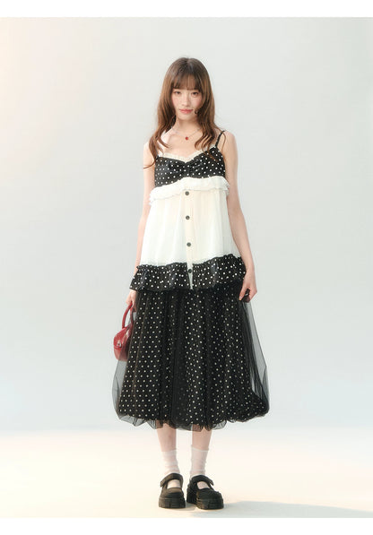 "Midnight Sweet Isle" Black Polka Dot Lace Two-Piece Skirt Set LL2026208