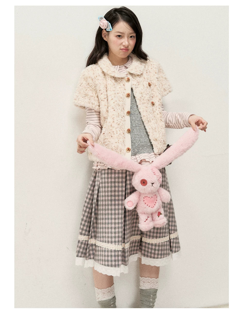 [RF] Cream Beige & Chestnut Speckle Plush Short-Sleeve Vest Jacket with Peter Pan Collar