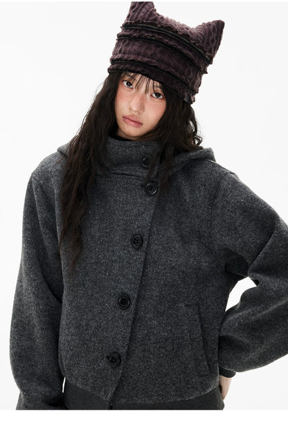 EZEK | Preppy Hooded Wool Blend Jacket with Button Front