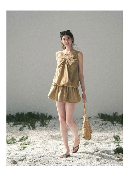 “Whispering Grass” Milk Tea Twist Mini Dress