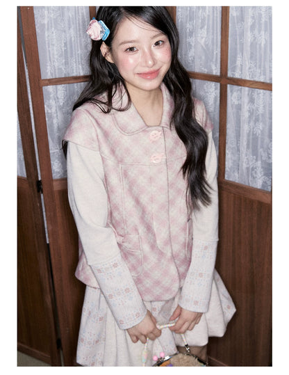[RF] Pink Gingham Wool Blend Cropped Coat with Peter Pan Collar