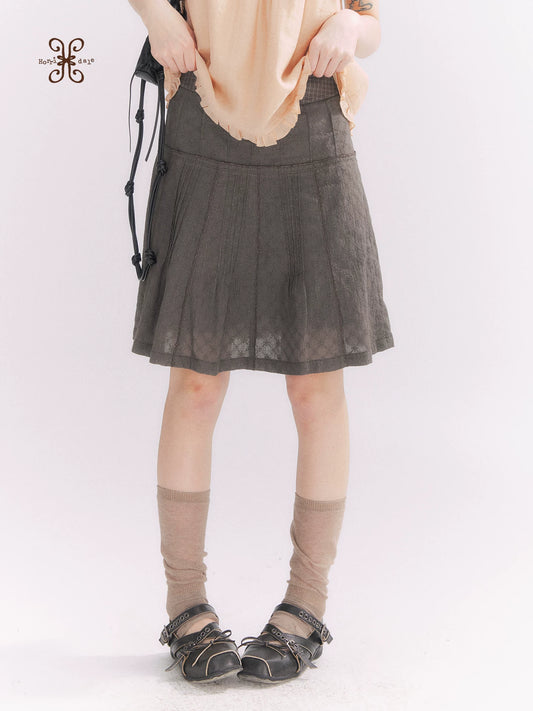 “Misty Texture” Gray Plaid Trim Embroidered A-Line Skirt