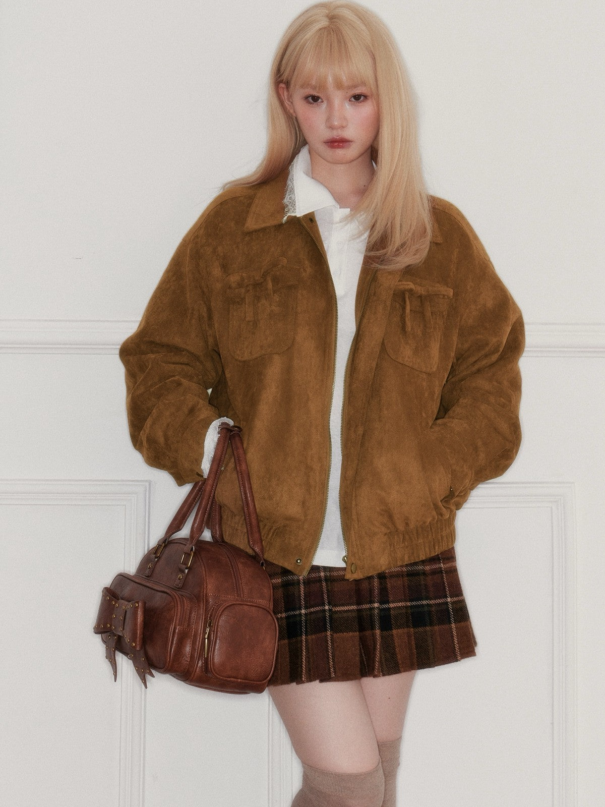 “Maillard Warmth” Yellow-Brown Faux Suede Fleece-Lined Short Jacket M6667