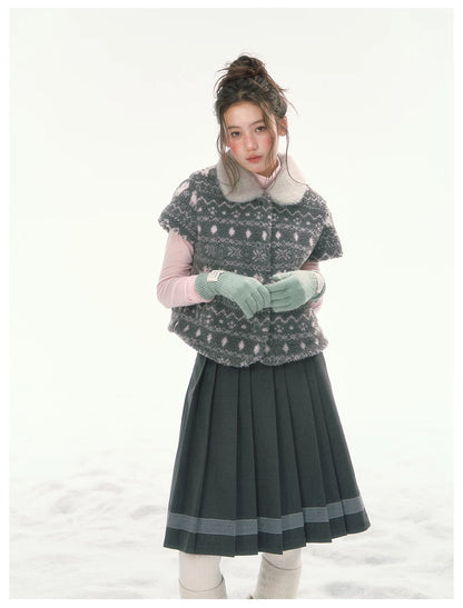 CANSTORE - "Snow Isle Cat" Gray Fair Isle Fuzzy Short-Sleeve Knit Jacket