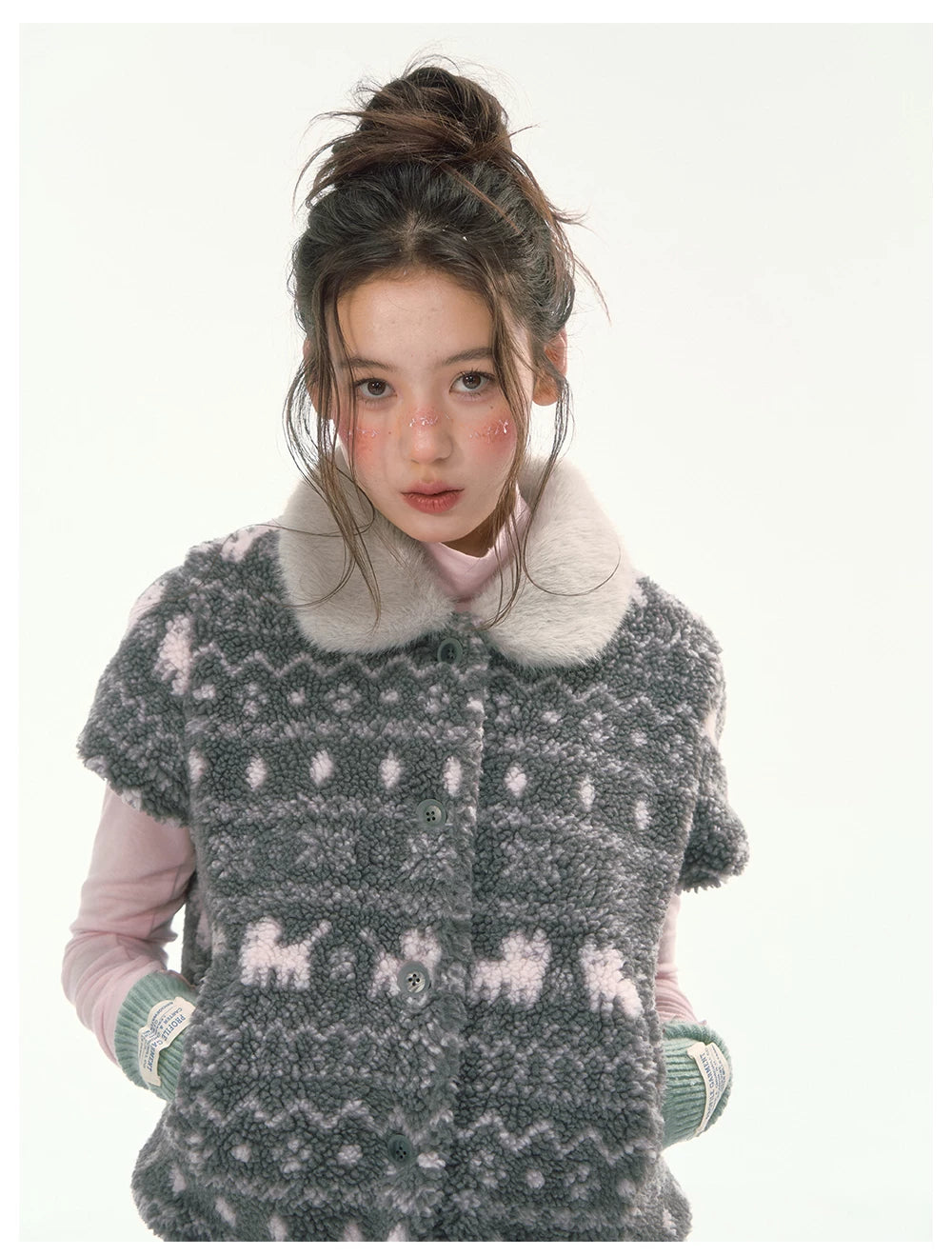 CANSTORE - "Snow Isle Cat" Gray Fair Isle Fuzzy Short-Sleeve Knit Jacket