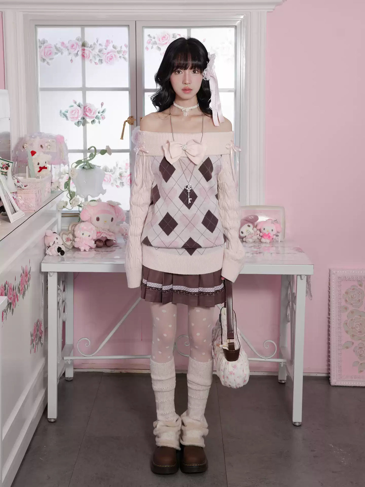 KYOUKO - My Melody Cream Argyle Off-Shoulder Sweater and Cocoa Maid Skirt Set