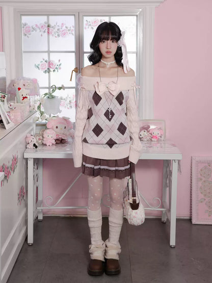 KYOUKO - My Melody Cream Argyle Off-Shoulder Sweater and Cocoa Maid Skirt Set
