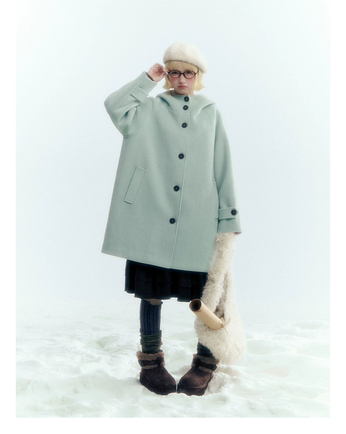 Pale Aqua Green Hooded Cocoon Wool-Blend Coat