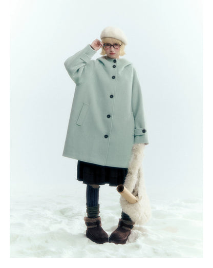 Pale Aqua Green Hooded Cocoon Wool-Blend Coat