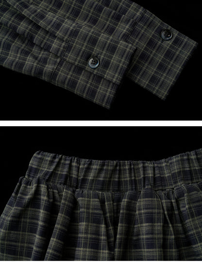 "Retro Prep Mood" Plaid Tie Shirt & Puff Mini Skirt Set WE701