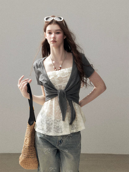 "Beyond the Morning Mist" Dutch Cream Lace Cami & Silver Mouse Gray Sheer Cardigan Set