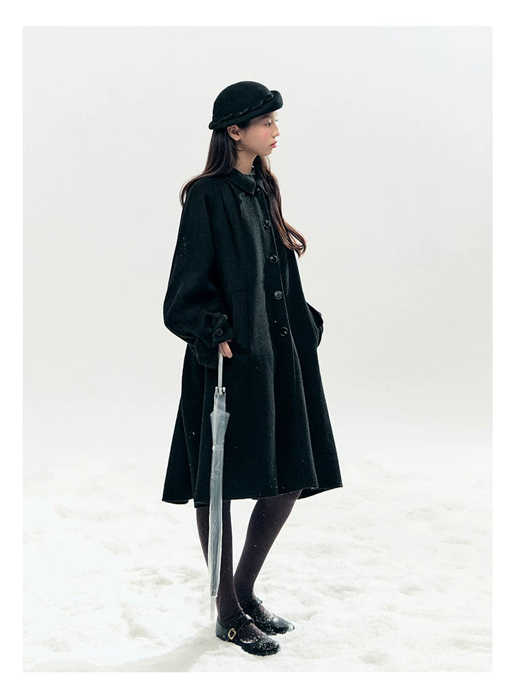 "Black & White Waltz" Hand-Stitched Wool-Blend Swing Coat (Ivory/ Black)