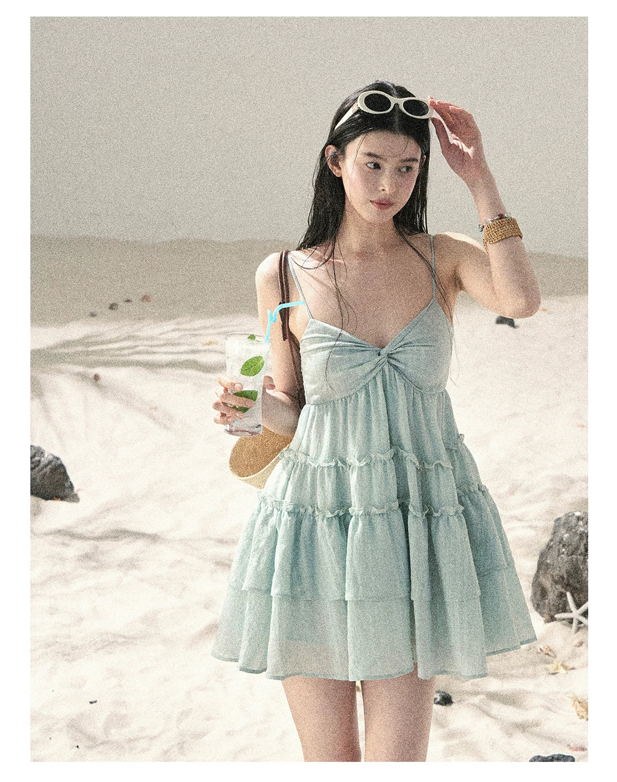 "Mossy Stone Steps" Primrose Green Tiered Cami Mini Dress