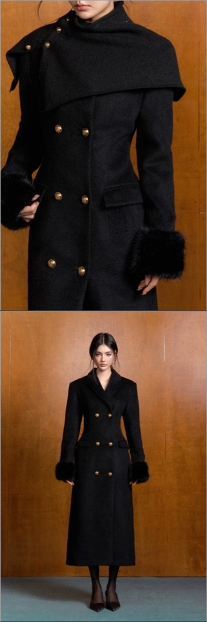"Manor Elegance" Detachable Faux Fur Wool Coat & Knit Scarf Set
