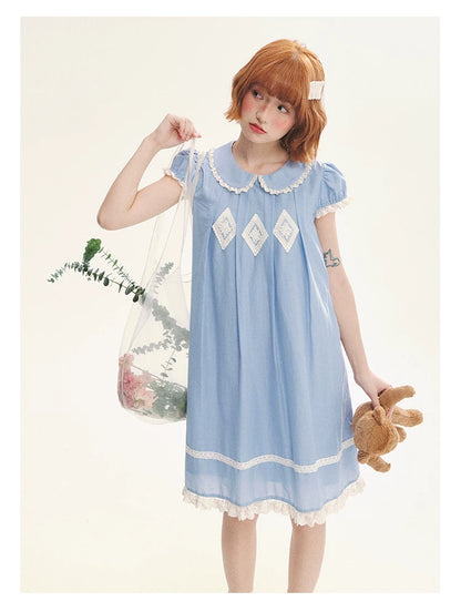 "Sweet Tea Doll" Haze Blue Lace Puff Sleeve Peter Pan Collar A-Line Dress
