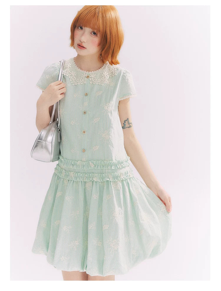 “Mint Lime” Green Stripe Lace Babydoll Dress