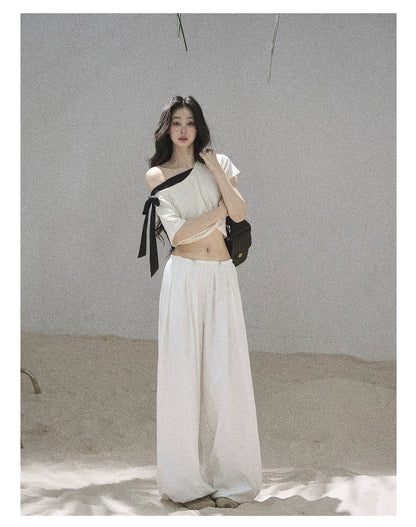 "Moonlight Upon Her" Creamy Apricot Off-Shoulder Twist Cropped T-Shirt
