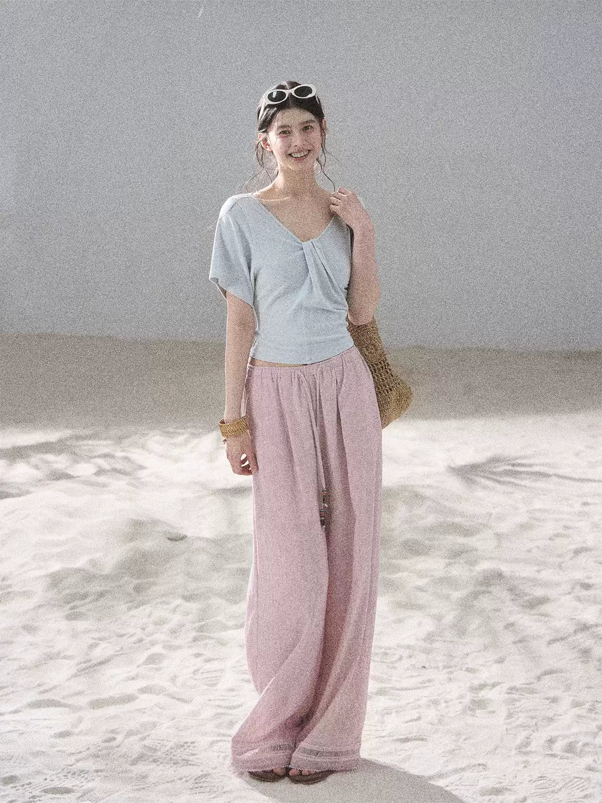 "Moonlight on Water" Twist-Front Cropped T-Shirt (Silver Mink Gray/ Mist Blue)