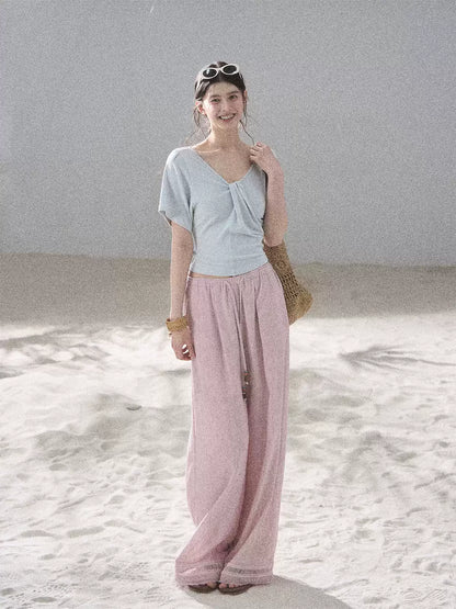 "Moonlight on Water" Twist-Front Cropped T-Shirt (Silver Mink Gray/ Mist Blue)