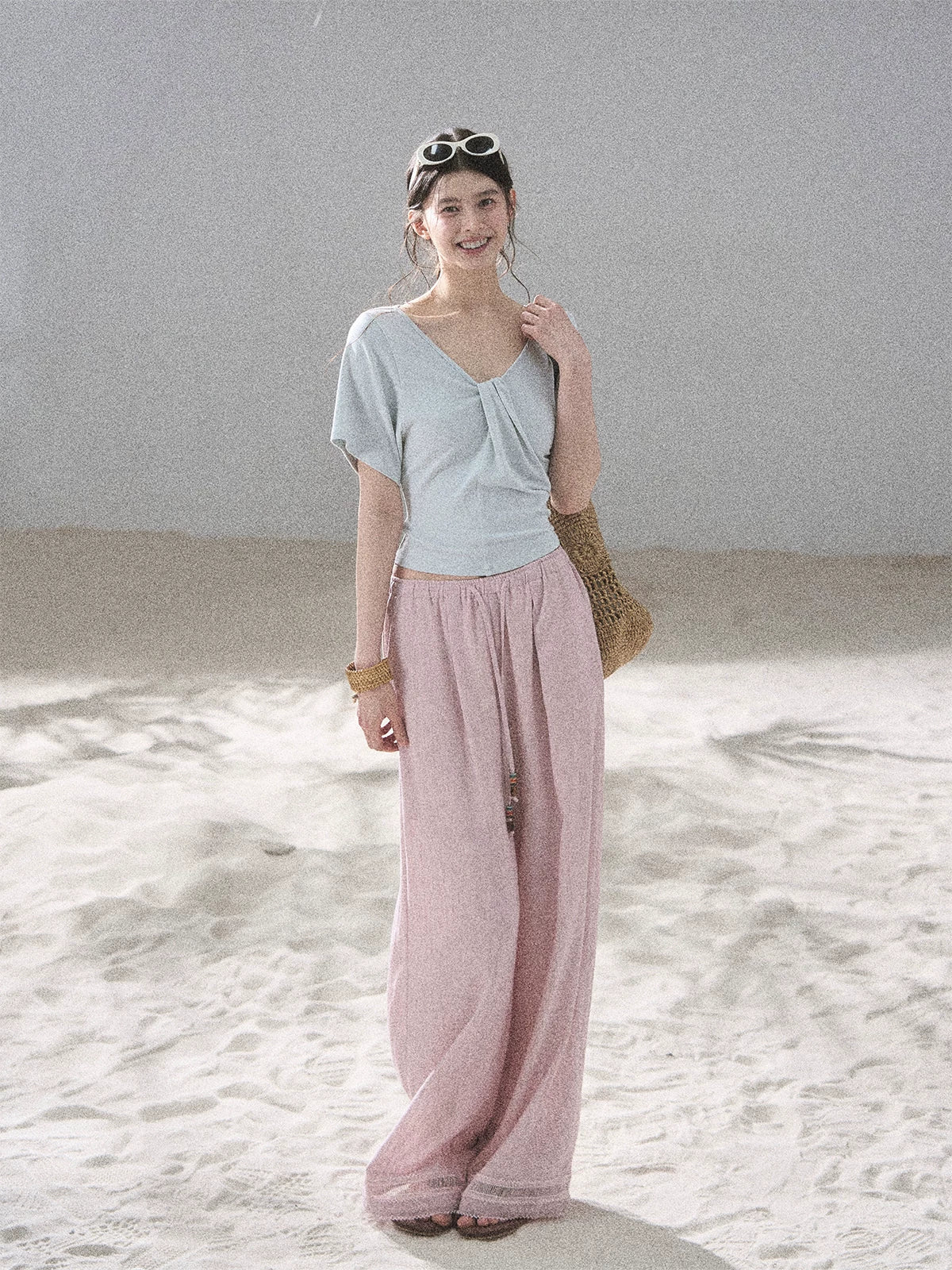 "Moonlight on Water" Twist-Front Cropped T-Shirt (Silver Mink Gray/ Mist Blue)