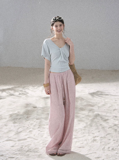"Moonlight on Water" Twist-Front Cropped T-Shirt (Silver Mink Gray/ Mist Blue)