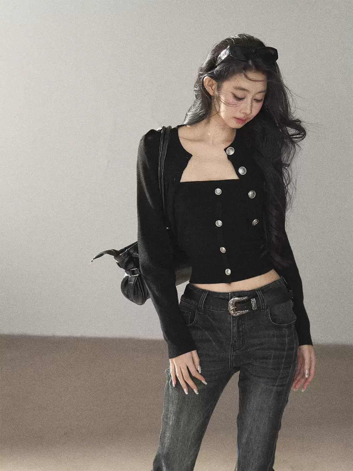 AOMALM - "You in the Night Sky" Black Cropped Knit Cardigan & Bandeau Set