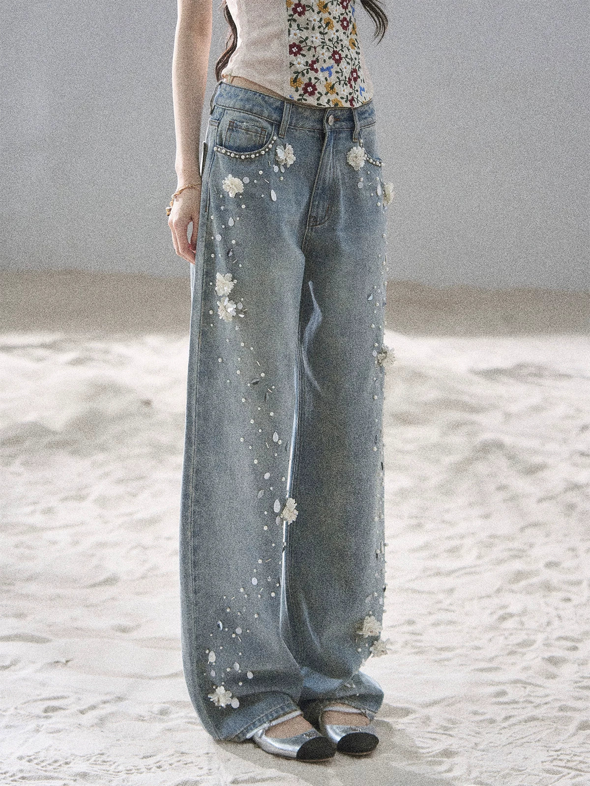 "Starlit Grace" Mist Blue Handmade Floral Wide-Leg Jeans