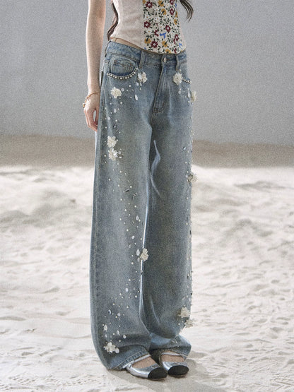"Starlit Grace" Mist Blue Handmade Floral Wide-Leg Jeans