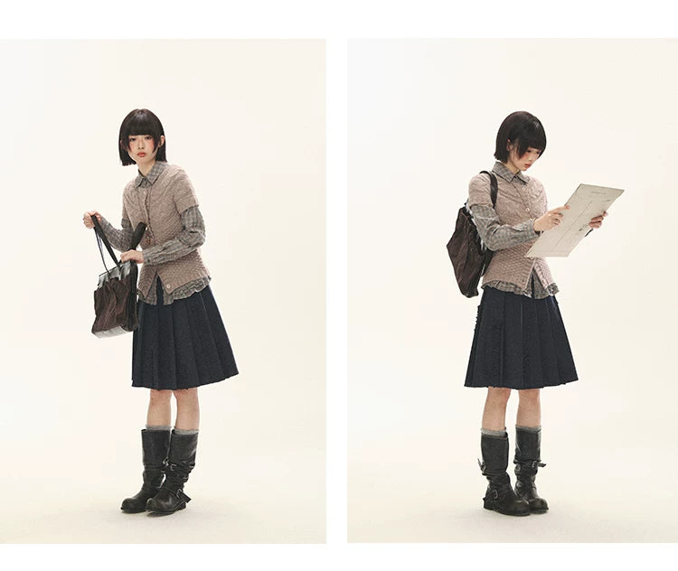 "Rice Knit" Wool-Blend Short Sleeve Knit Cardigan (Moss Coffee Green/ Dusk Dusty Pink)