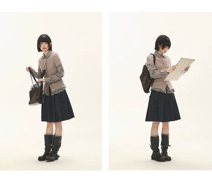 "Rice Knit" Wool-Blend Short Sleeve Knit Cardigan (Moss Coffee Green/ Dusk Dusty Pink)