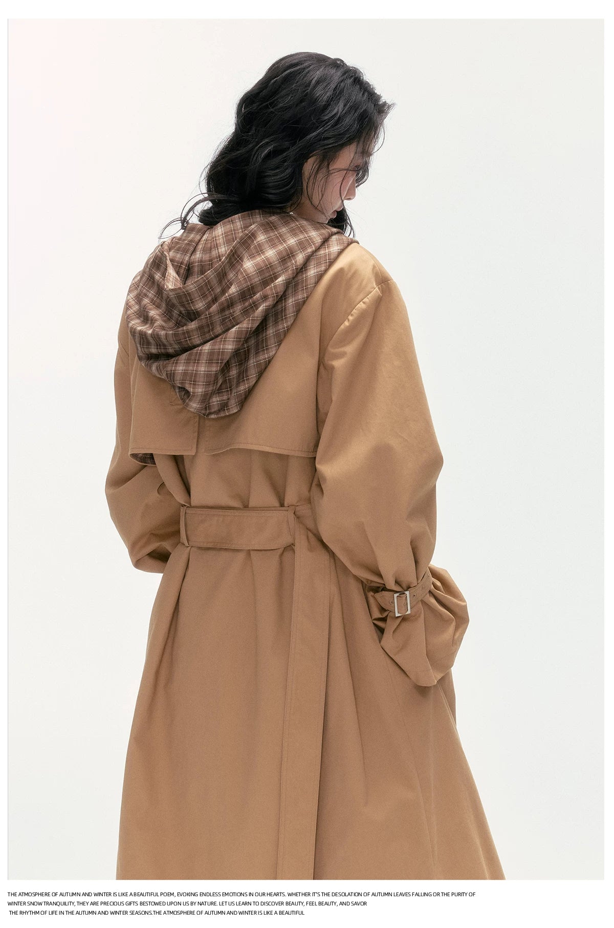 24olvides - Brown Long Padded Trench Coat with Plaid Hood