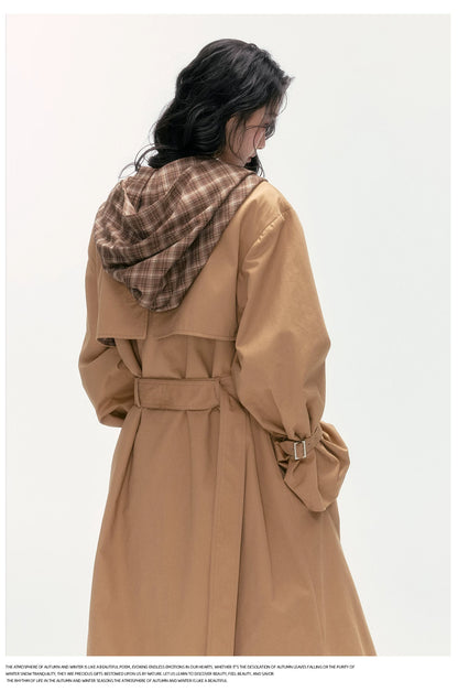 24olvides - Brown Long Padded Trench Coat with Plaid Hood