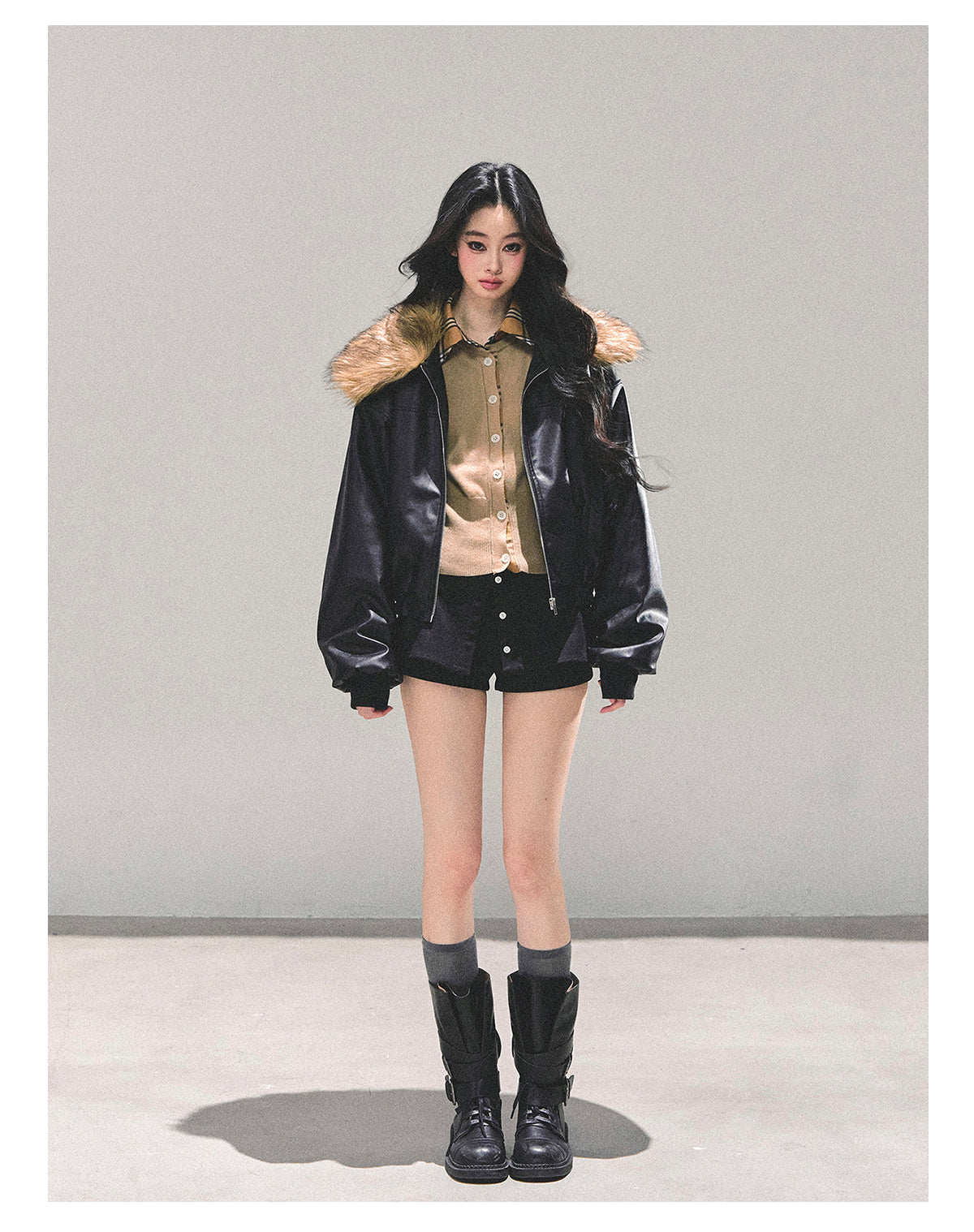 少也眼 "Whispers of a Snowy Night" Quilted PU Leather Jacket 54634864
