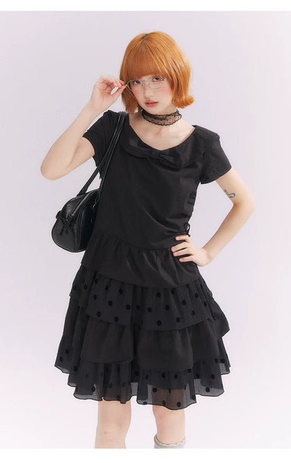 “Midnight Sweetheart” Black Korean-Style Bow Polka Dot Tiered Dress