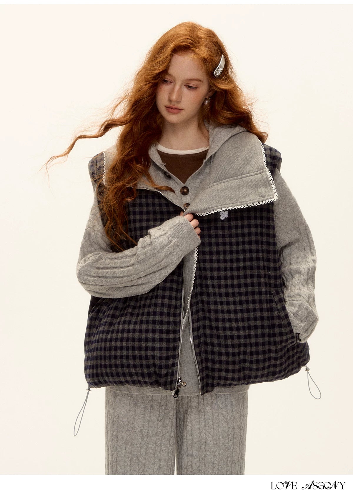 ASGONY - Reversible Plaid Lace-Trim Quilted Vest (Brown / Gray)