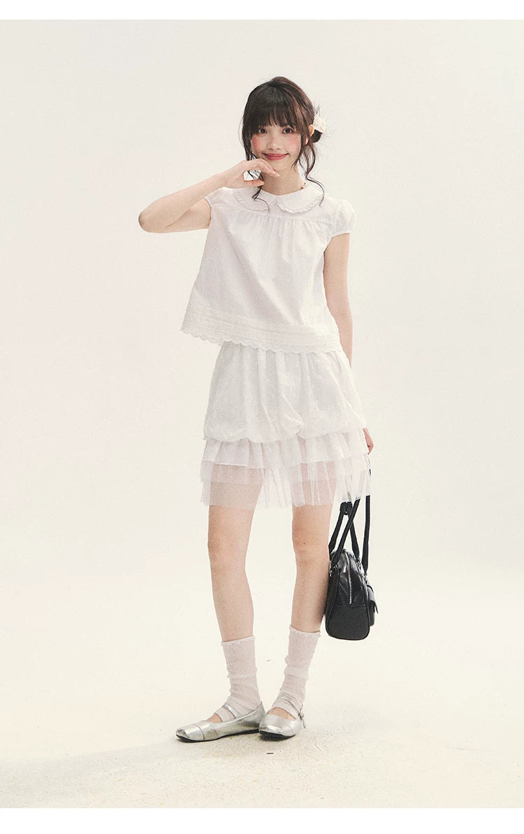 "Cotton Cloud" White Ruffle Collar Puff Sleeve Babydoll Top