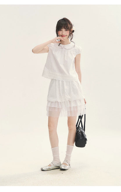 "Cotton Cloud" White Ruffle Collar Puff Sleeve Babydoll Top