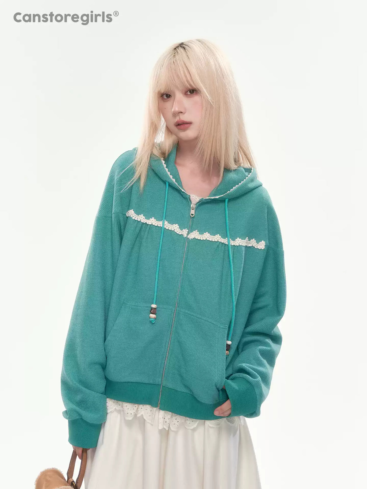 [CAN] Green Lace-Trim Waffle Knit Zip-Up Hoodie