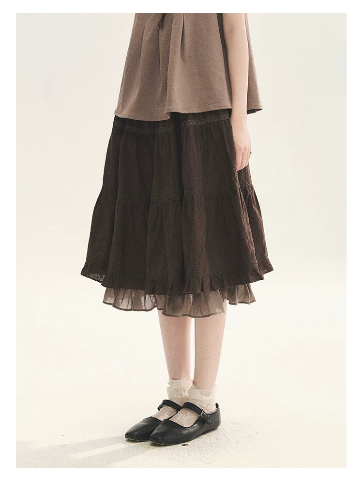 "Faded Bloom" Deep Brown Red Lace Trim Tiered A-Line Skirt