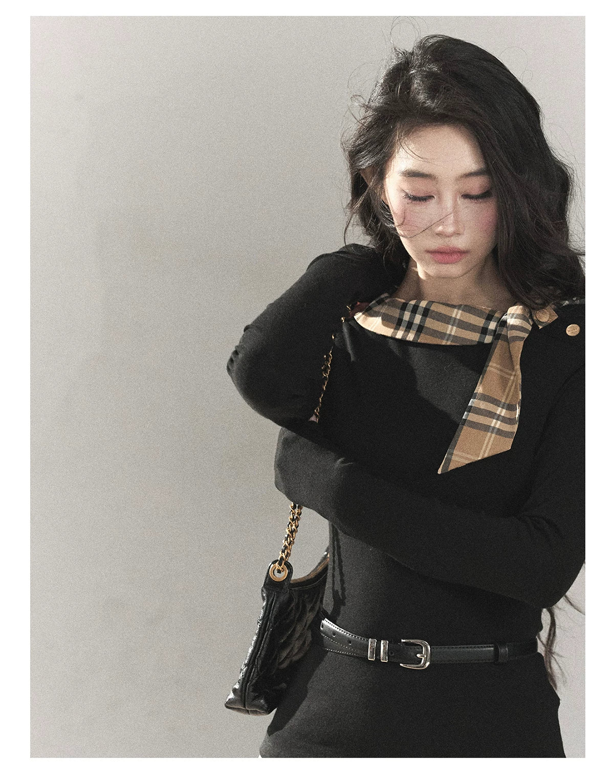 AOMALM - Black Knit Top & Light Smoky Brown Plaid Skirt Set with Belt