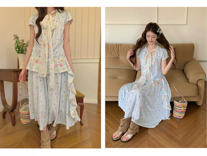“Sea Salt Blossom Letter” Baby Blue Layered Skirt Set