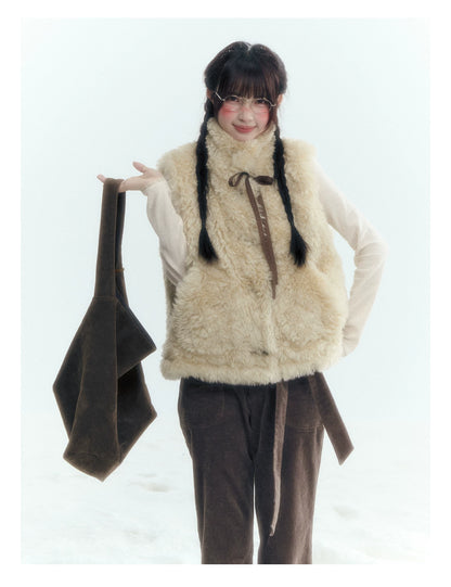 Horridale - Cream Beige Reversible Knit Vest with Detachable Bow