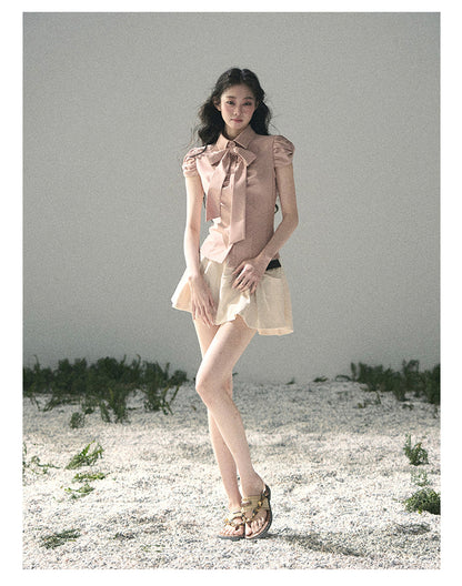 “Blush Confession” Ballet Pink Bow Puff Sleeve Blouse