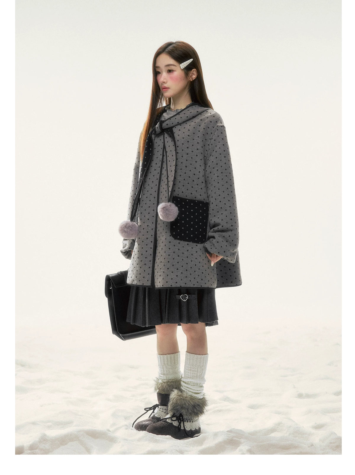 BIBIBENCY - Gray & Black Reversible Polka Dot Wool-Look Coat