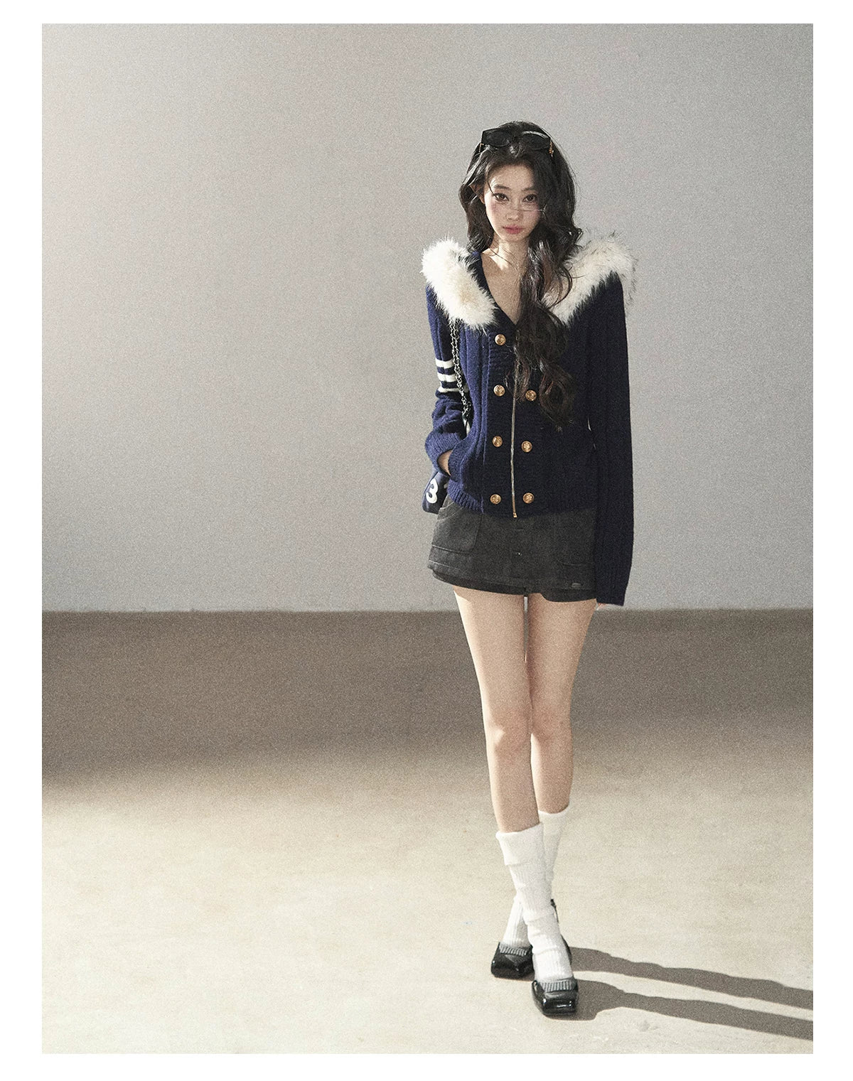 AOMALM - Blue Hooded Cable-Knit Sweater Jacket with White Stripes