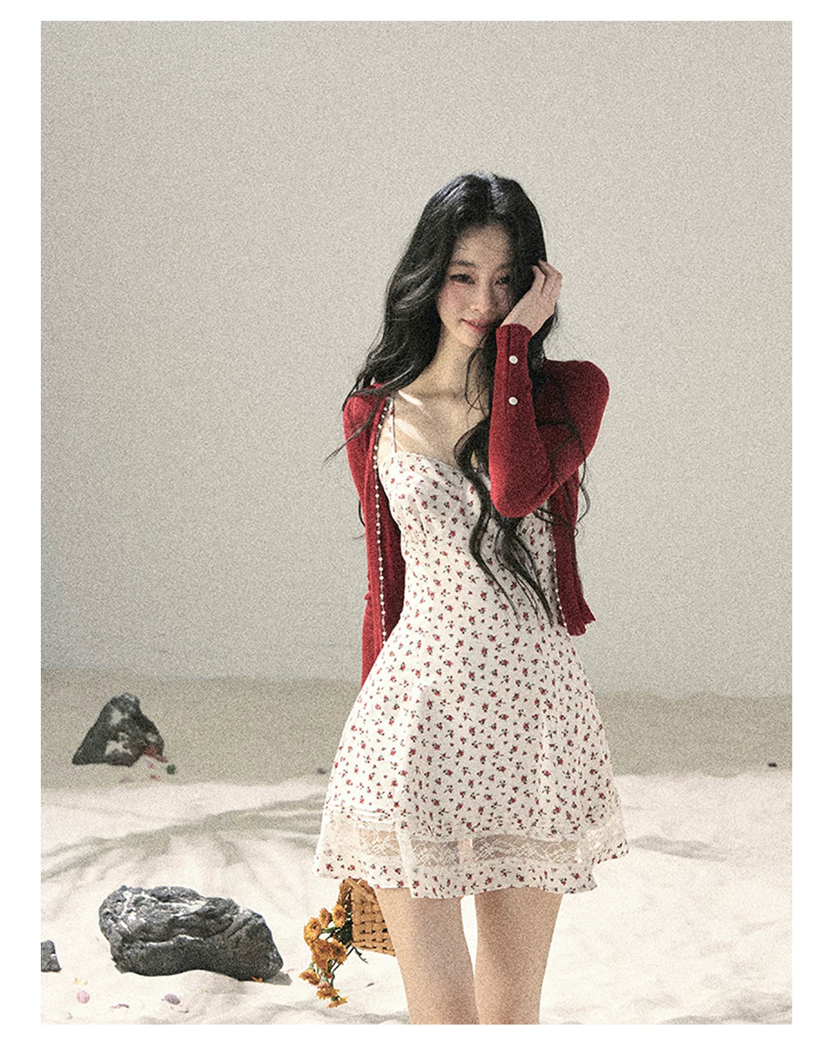 "Blooming Rose Reverie" Cloud White Floral Lace Mini Dress & Burgundy Wine Cardigan 56483