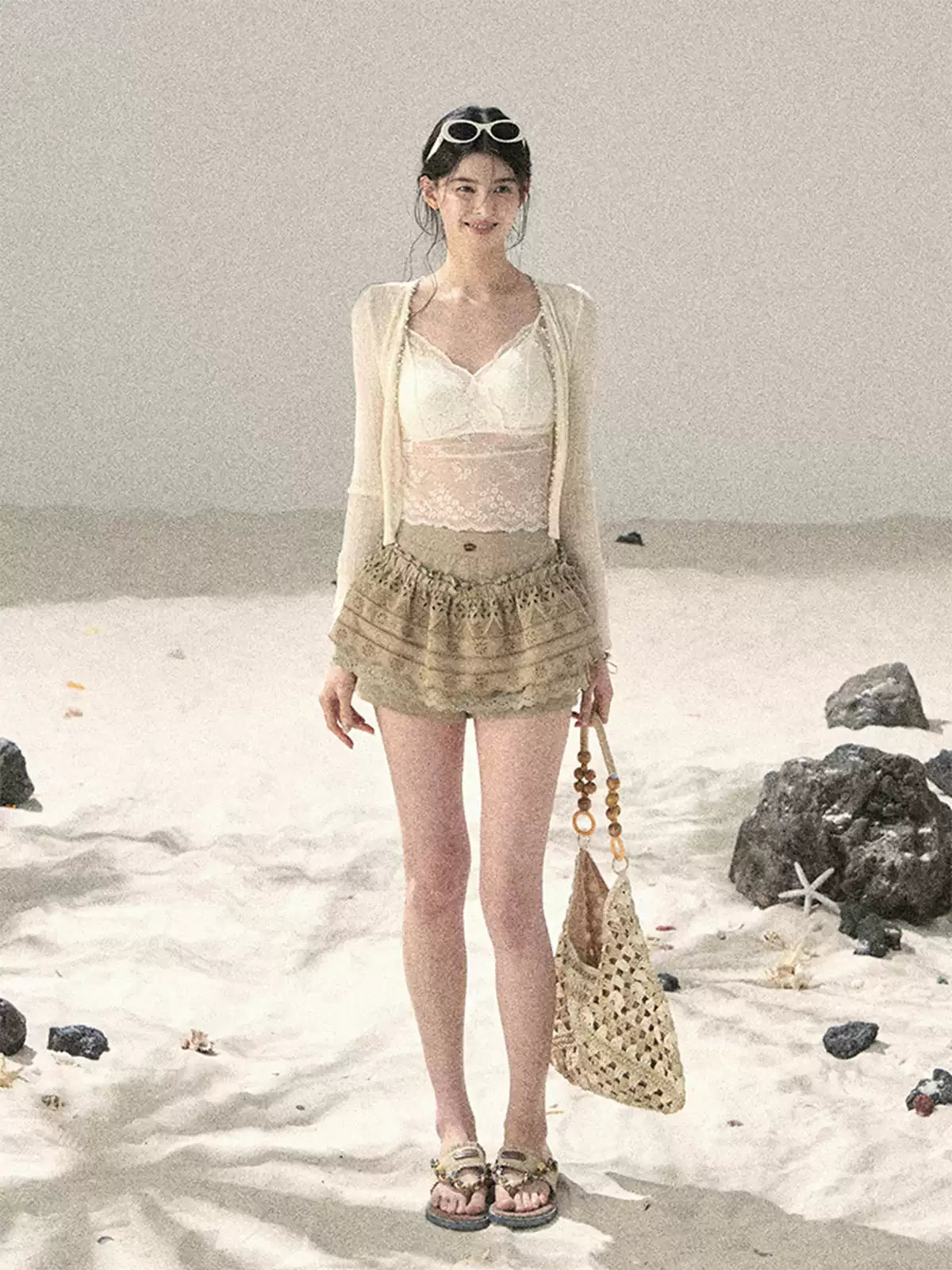 "Translucent Skin" Cream Apricot Lace Camisole Top 455335