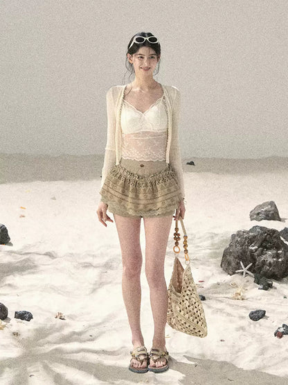 "Translucent Skin" Cream Apricot Lace Camisole Top 455335